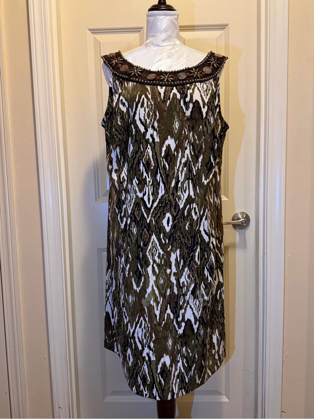 Dress Barn Olive, White & Brown Beaded Yoke Midi Dress